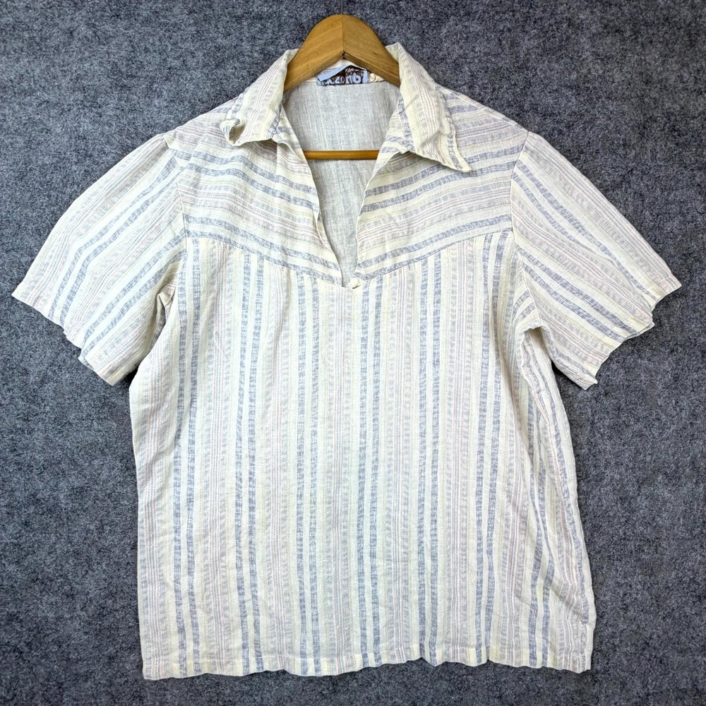 Vintage First Up Shirt Womens Large Blue White Summery Coastal Chic Retro